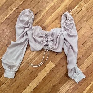 Creame satin puffed sleeve cropped going out top